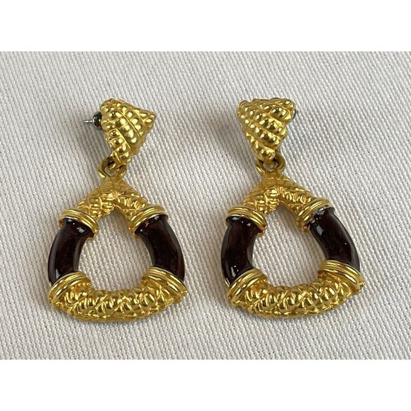 Vintage Drop Dangle Hoops Gold Tone Chocolate Brown Post Earrings Pierced - Picture 1 of 6